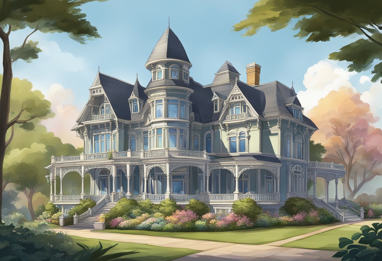 A grand, Victorian-style mansion with turrets, arched windows, and a sprawling garden