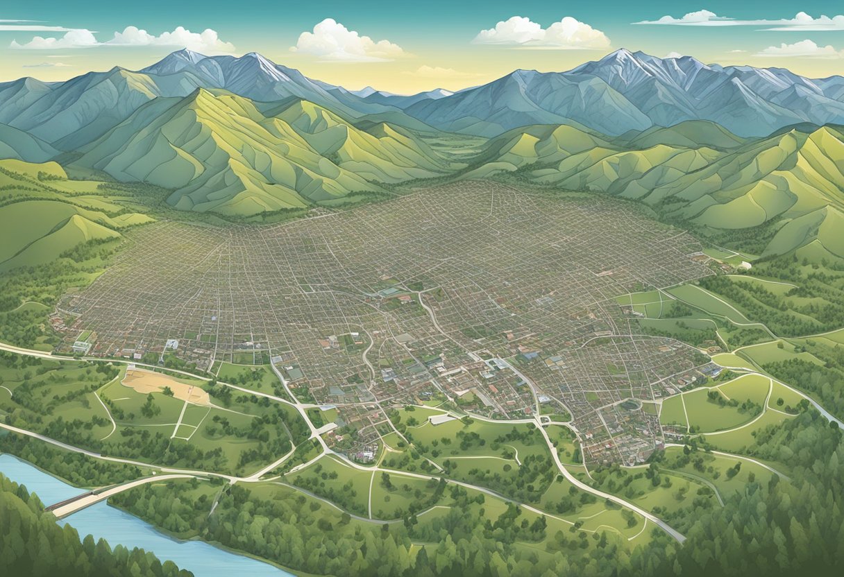 A detailed map of Fort Collins, Colorado, with labeled streets and landmarks, surrounded by mountains and greenery