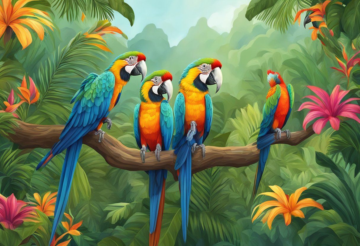 A vibrant jungle scene with colorful macaws perched on tree branches
