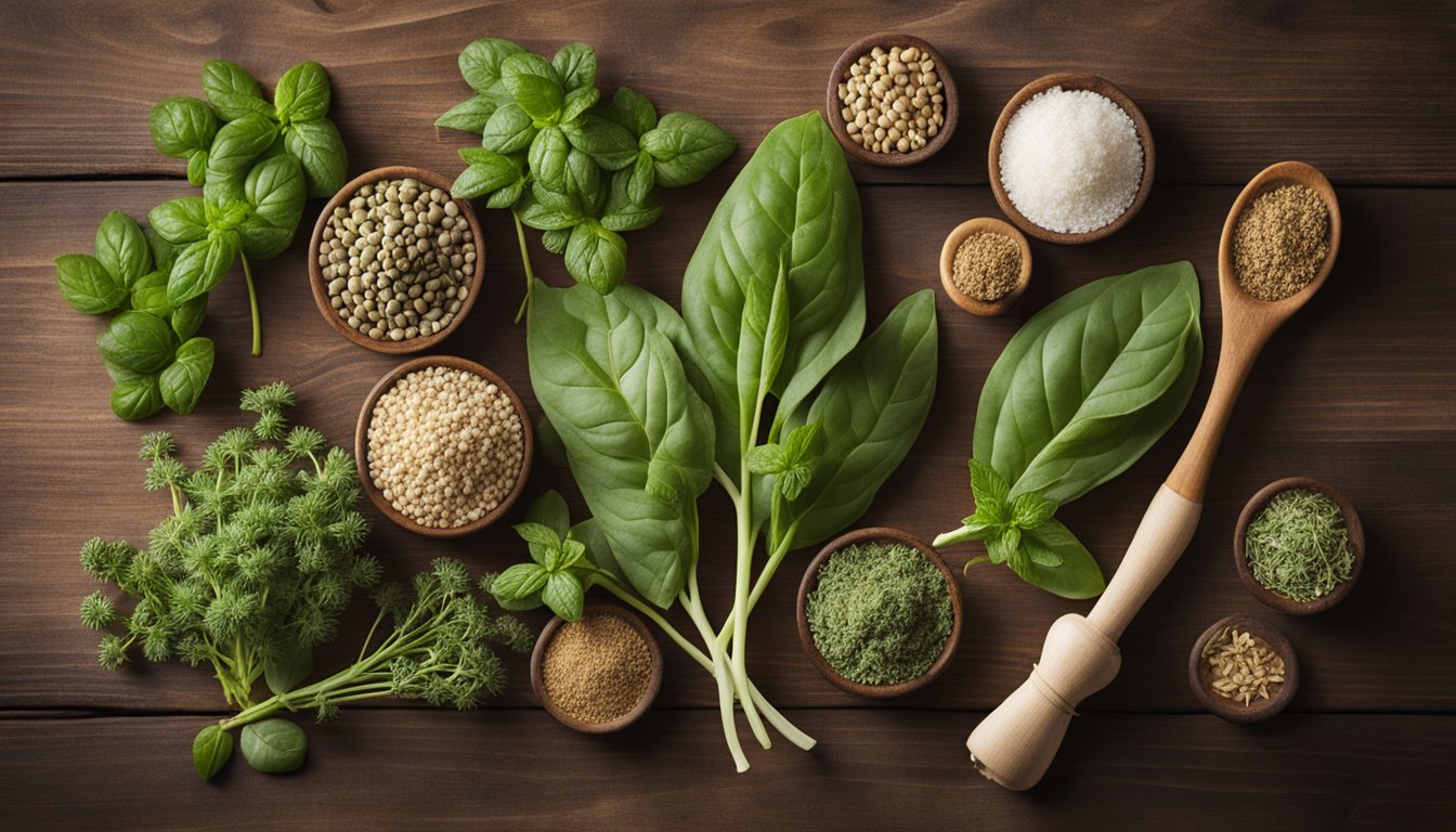 A variety of kidney stone herbs, including basil, dandelion root, nettle leaf, and chanca piedra, are arranged on a wooden table