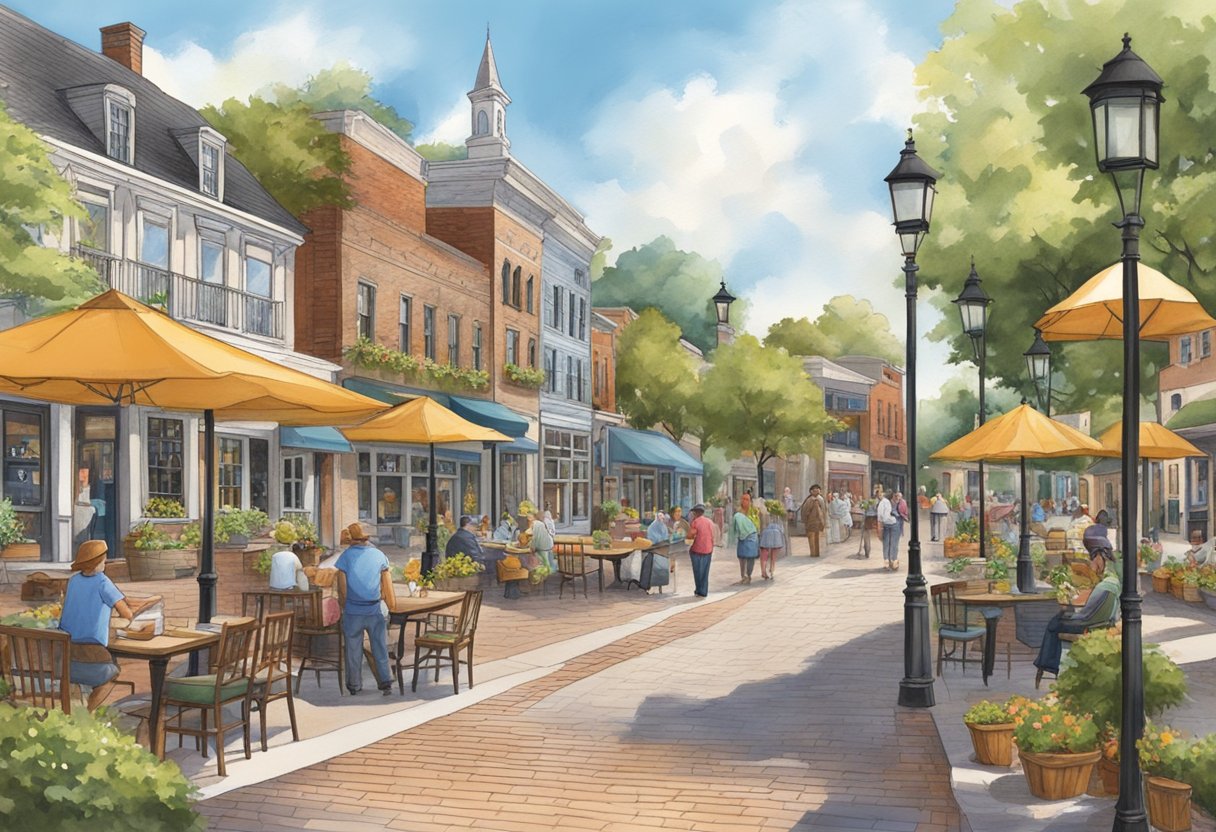 A quaint town square in Zionsville, with historic buildings and a bustling atmosphere