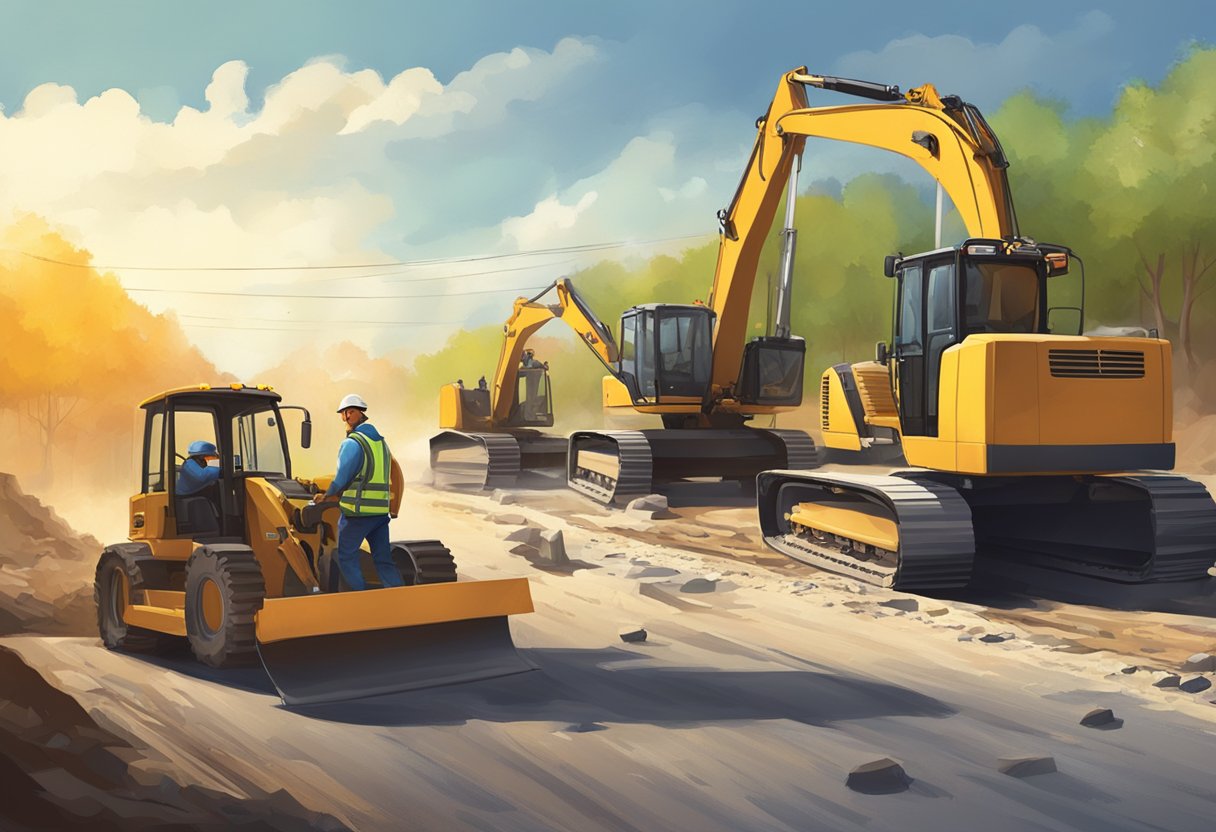 A construction crew repaving a county road, with heavy machinery and workers in bright safety vests