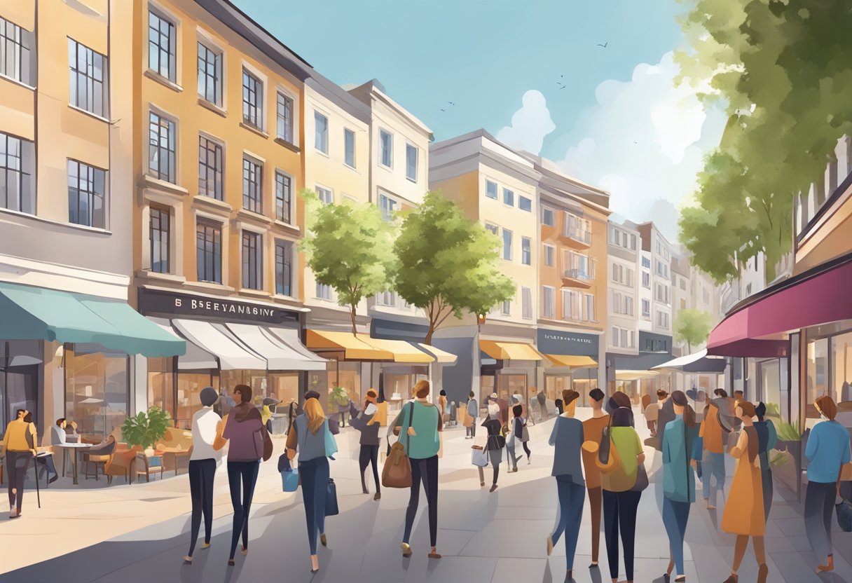 A bustling town center with modern apartments, surrounded by shops and cafes, with people walking and chatting in the lively atmosphere
