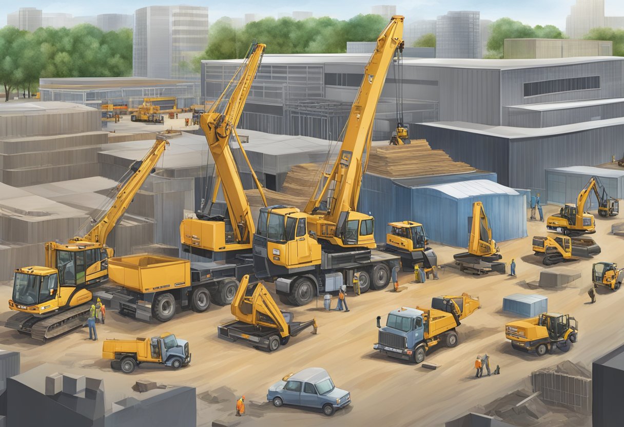 A bustling construction site in Grand Rapids, with cranes, trucks, and workers building new structures