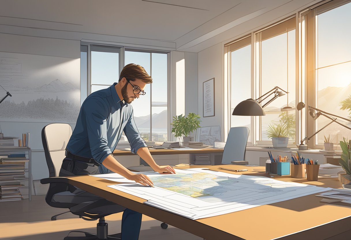 An architect working at a drafting table in a sunlit California office, surrounded by blueprints and architectural models