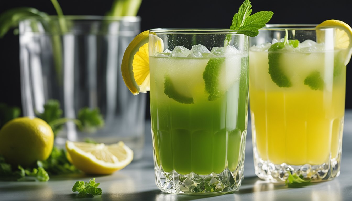 Clear glass cups hold lemon, pomegranate, and celery juices