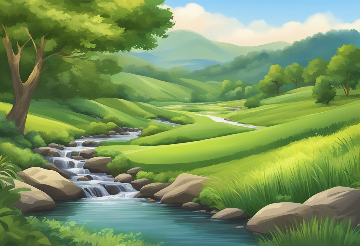 Rolling hills and lush greenery surround a tranquil cove, with a small stream flowing through the landscape
