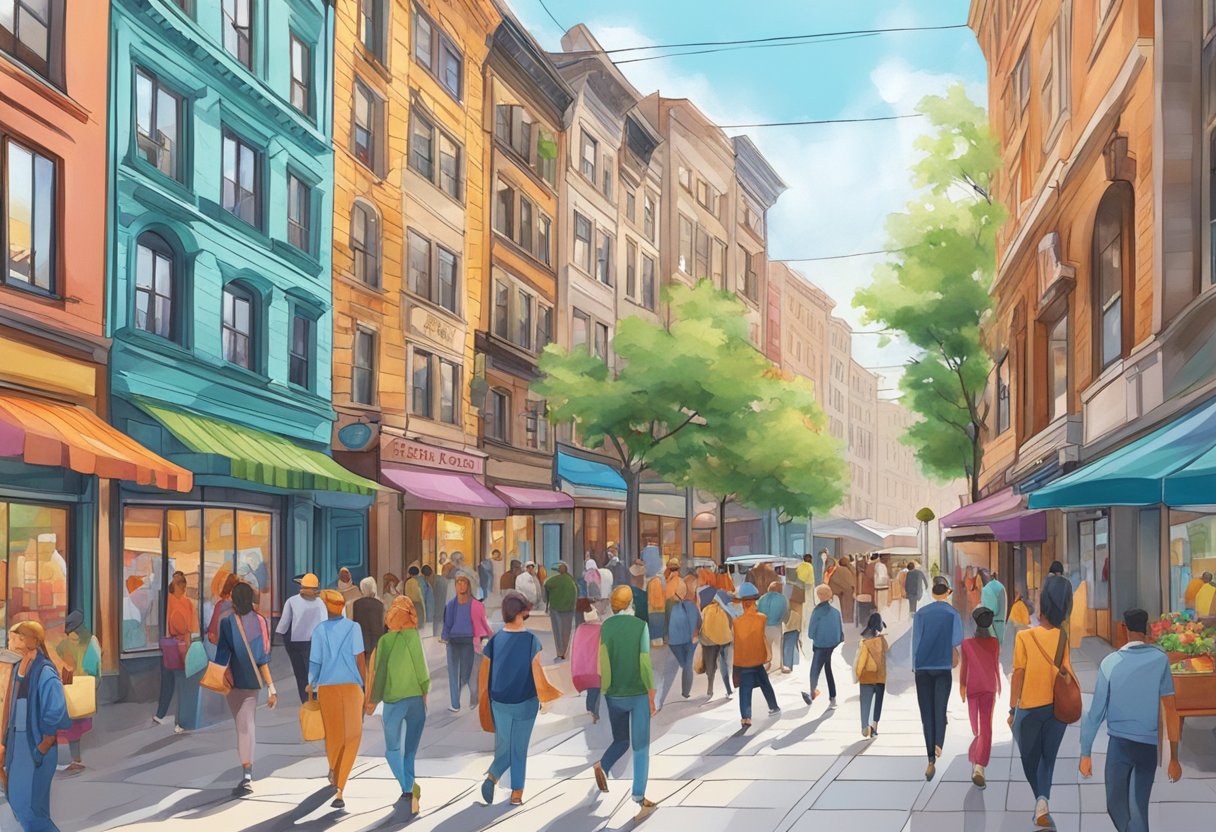 A bustling city street with colorful storefronts and people walking by
