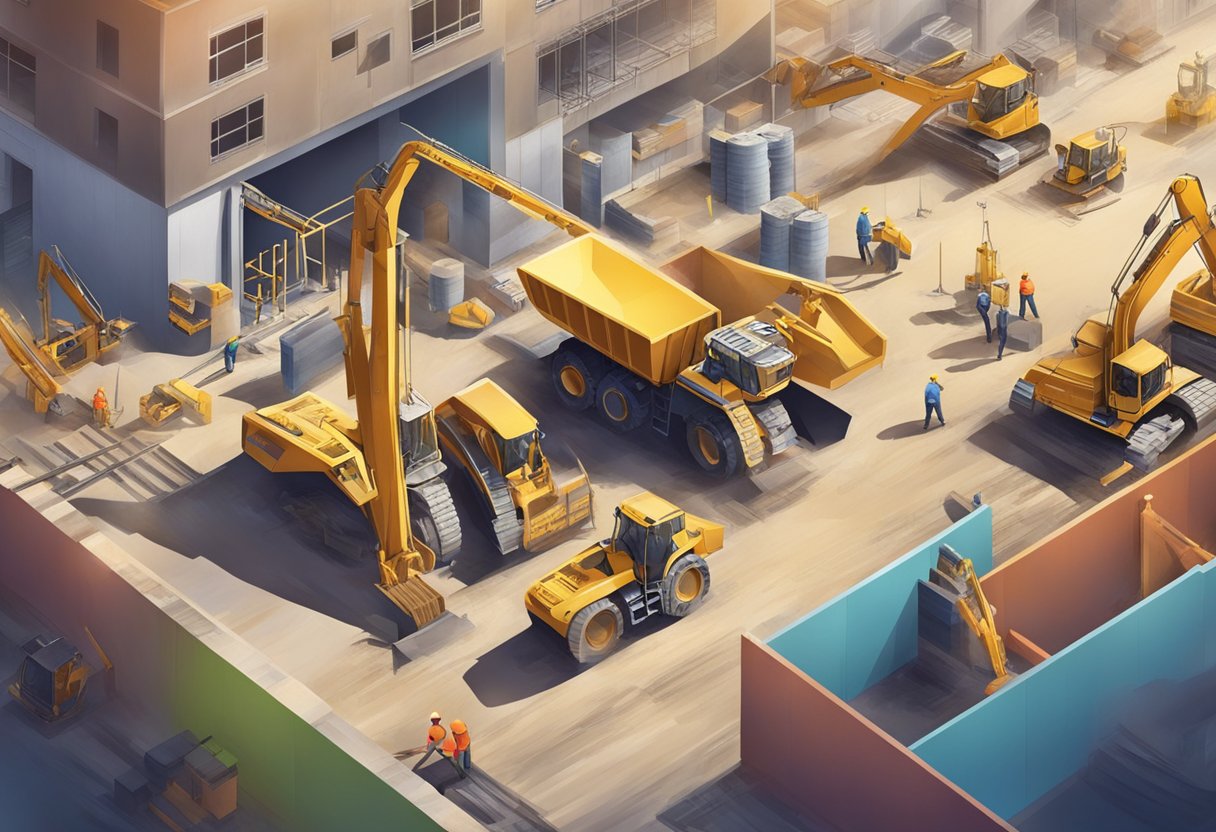 A construction site with workers, machinery, and materials in motion