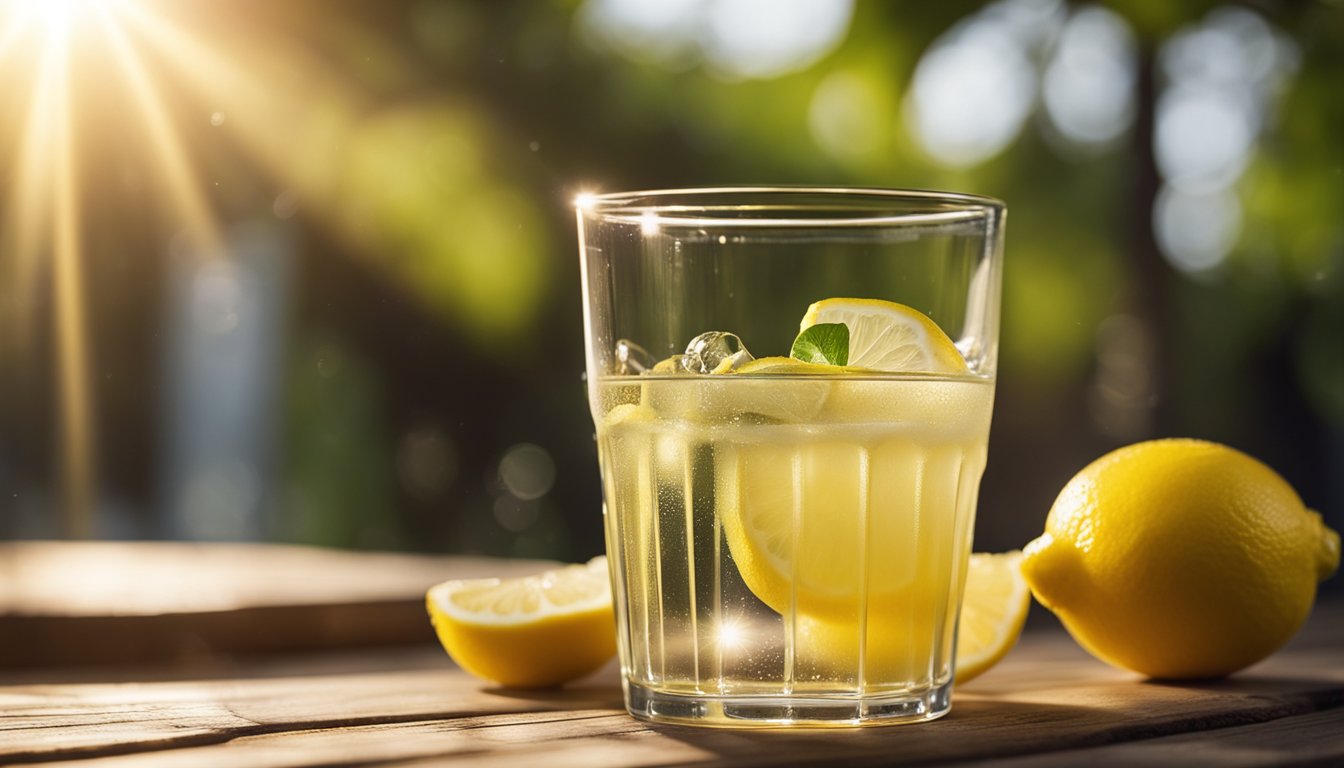 A glass of lemon juice sits on a wooden table, condensation forming on the outside. The sunlight filters through the liquid, casting a golden glow