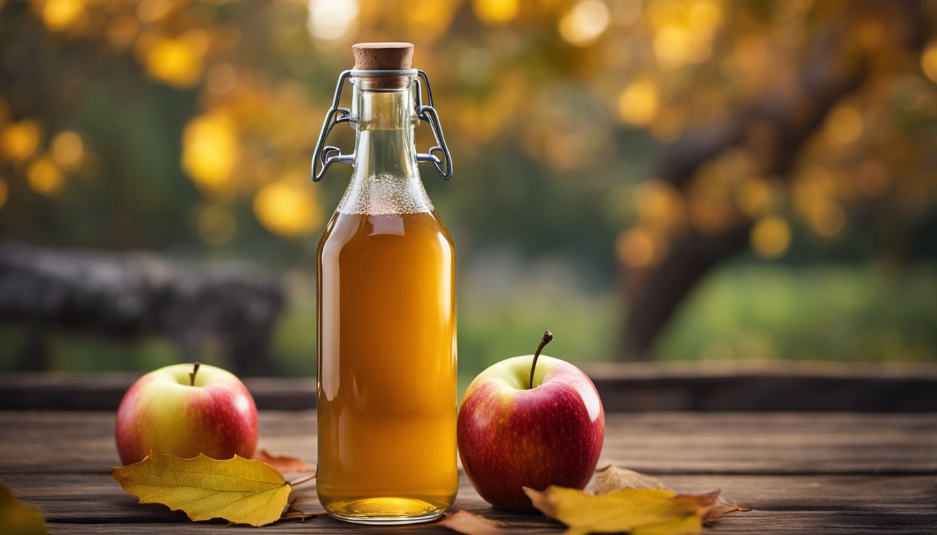 A bottle of apple cider vinegar sits on a rustic wooden table, surrounded by fresh apples and autumn leaves