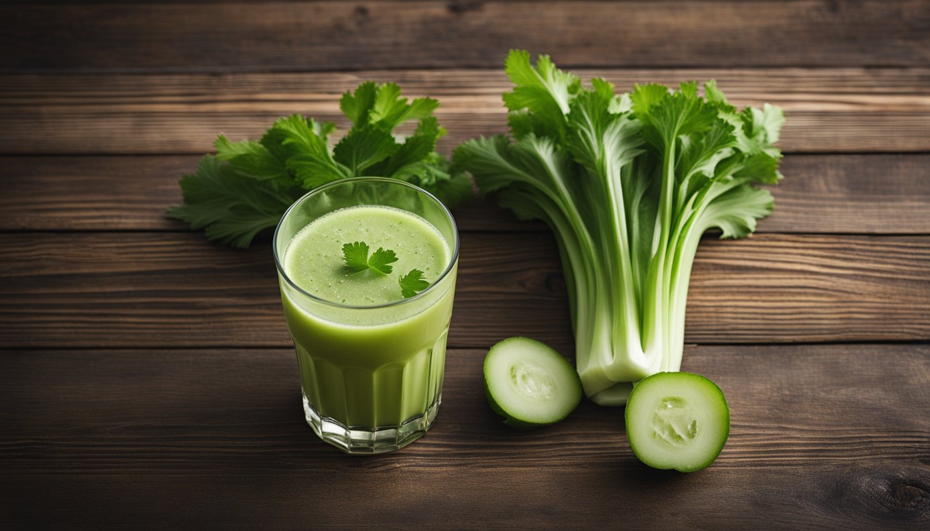 A glass of celery juice sits on a wooden table, surrounded by fresh celery stalks and leaves. No humans or hands are in sight