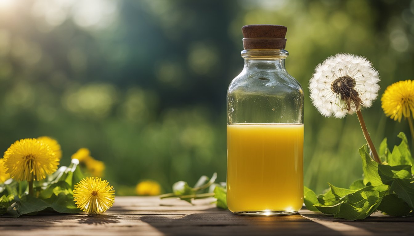 A dandelion root juice bottle sits on a rustic wooden table, surrounded by blooming dandelions and a gentle breeze