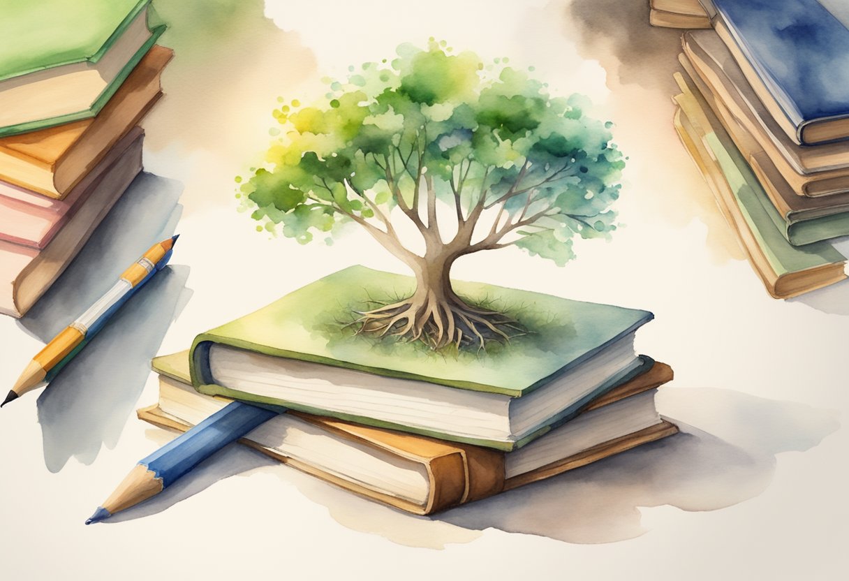 A tree growing from a small seedling, surrounded by books and a pencil, symbolizing personal development and the fundamentals of a growth mindset