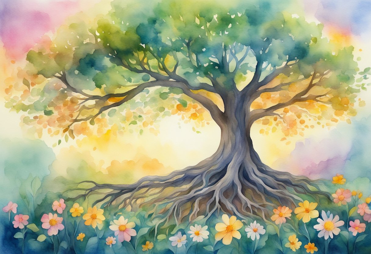 A tree with roots spreading deep into the ground, surrounded by vibrant flowers and reaching towards the sun