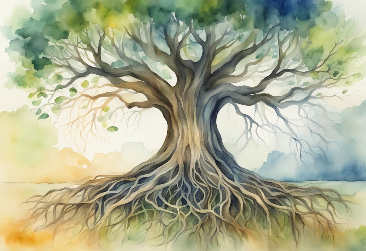 A tree with strong roots symbolizing emotional maturity, surrounded by a network of interconnected branches representing emotional intelligence