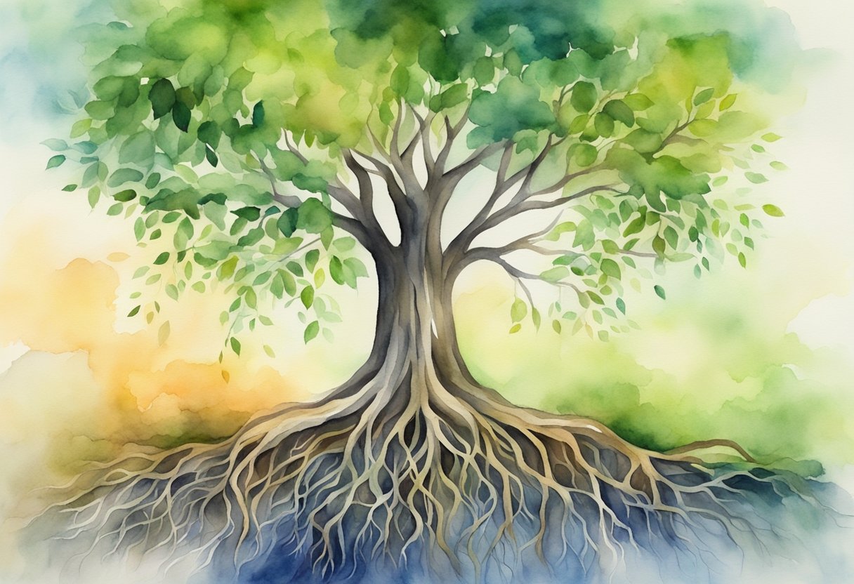 A tree with strong roots symbolizing emotional maturity, and a tree with vibrant leaves representing emotional intelligence, standing side by side