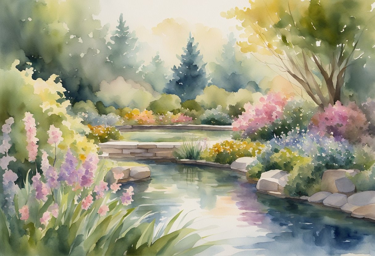 A serene garden with blooming flowers and a tranquil pond, surrounded by lush greenery and bathed in soft, warm sunlight