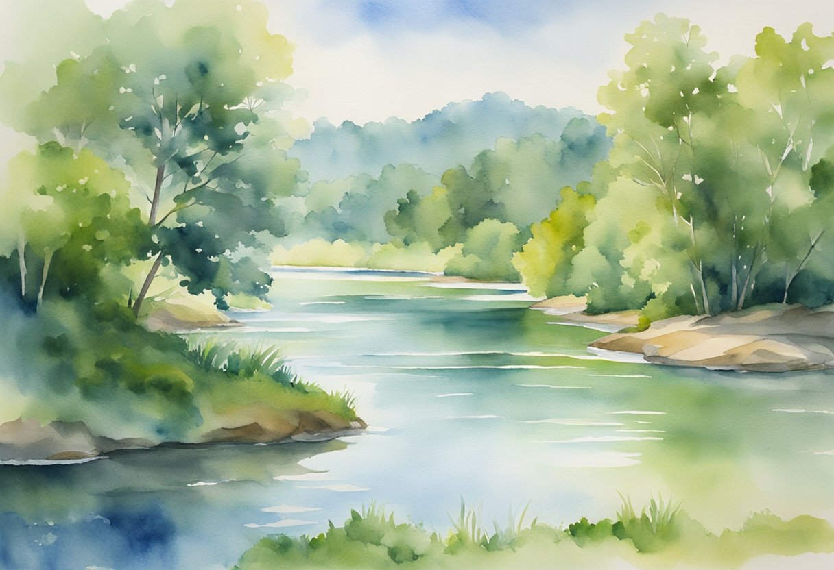 A serene landscape with a calm, flowing river surrounded by lush greenery and a clear blue sky, evoking a sense of peace and mindfulness