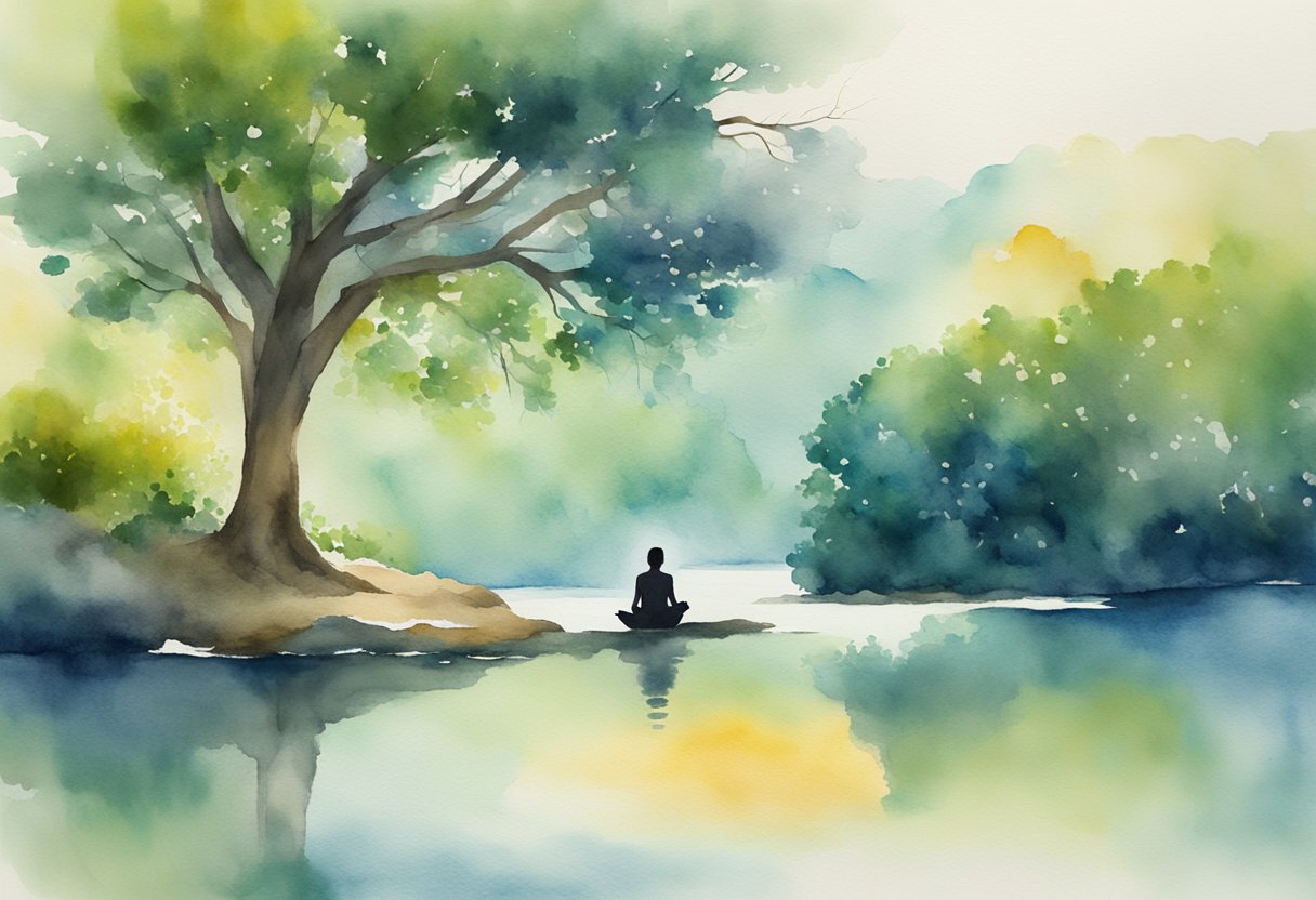 A serene landscape with a person meditating under a tree, surrounded by calm water and vibrant nature, symbolizing the connection between mindfulness and emotional intelligence