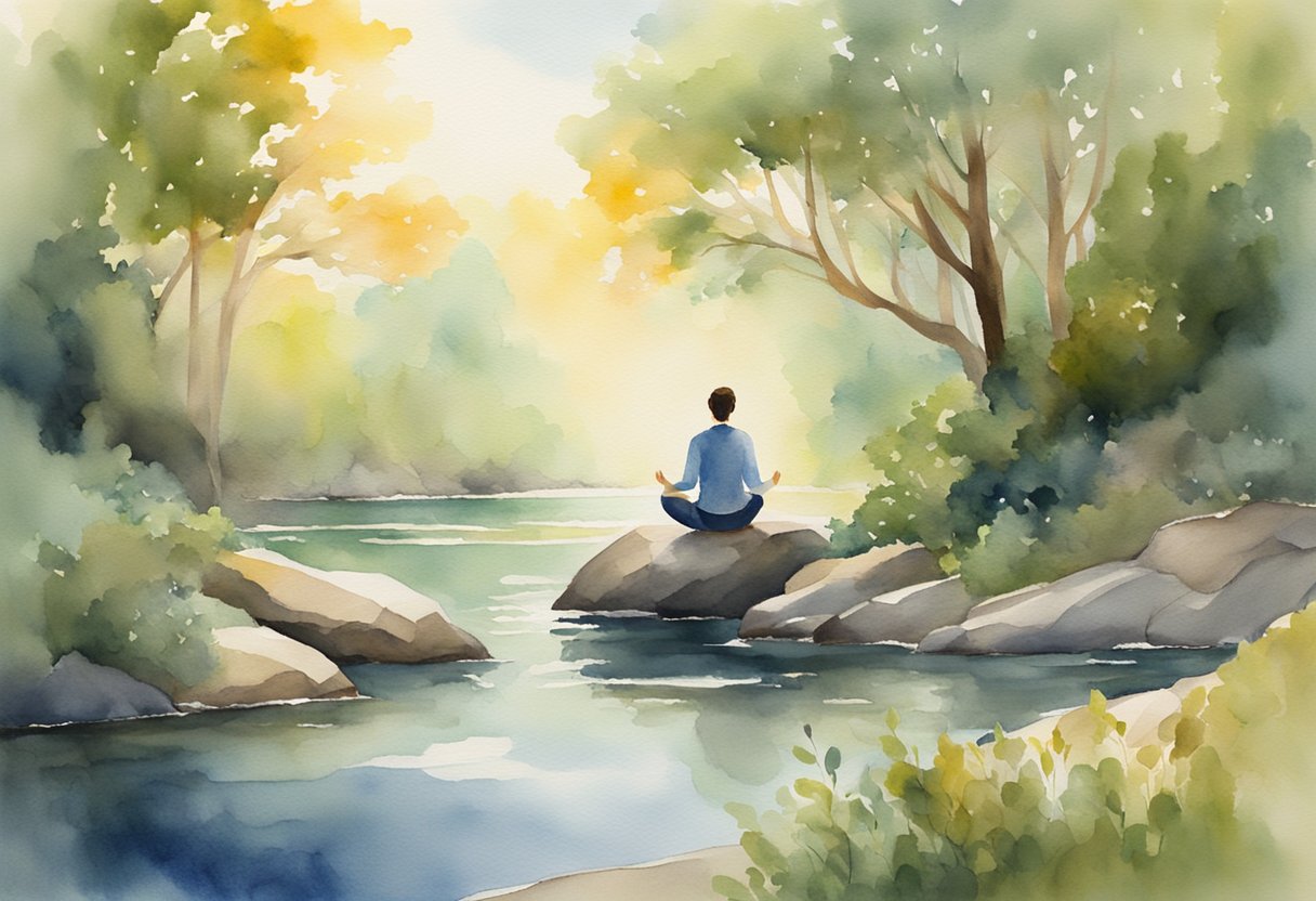 A person meditating in a peaceful natural setting, surrounded by calming elements like water, trees, and soft sunlight