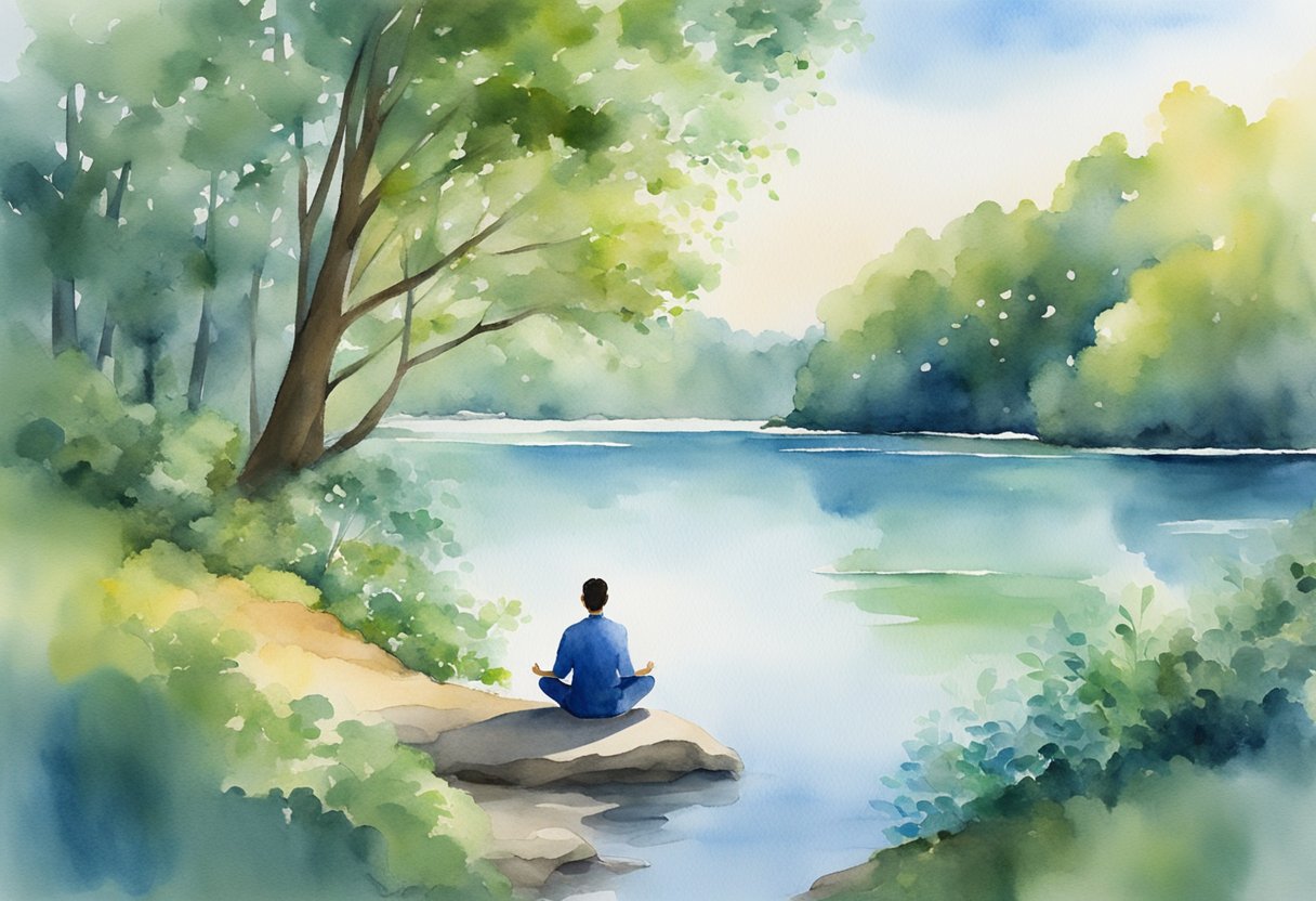 A person meditating in a peaceful natural setting, surrounded by serene water, lush greenery, and a clear blue sky