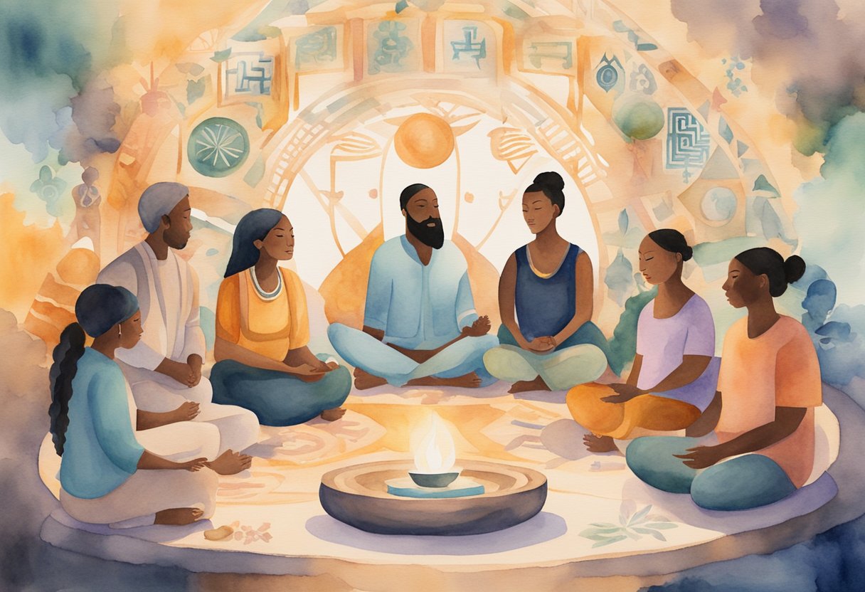 A diverse group of people engage in a mindful meditation session, surrounded by symbols and artifacts representing various cultures