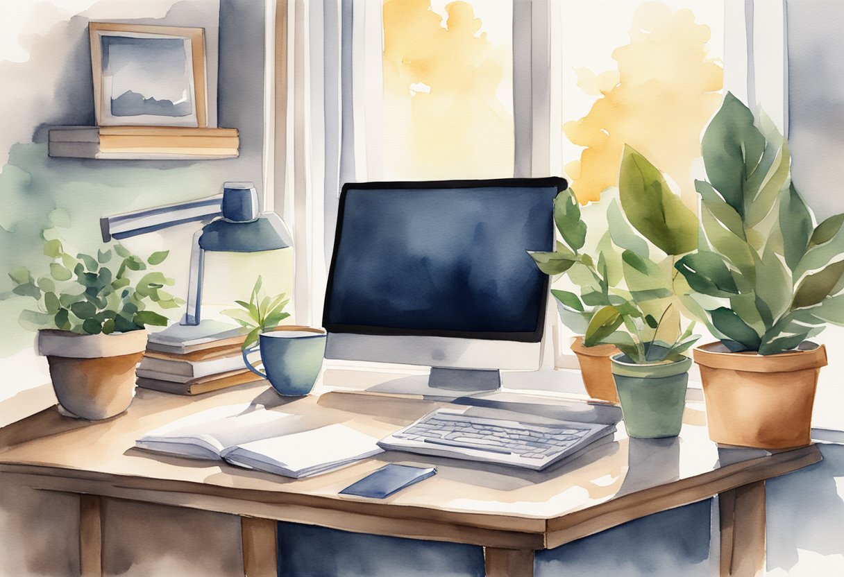 A desk with a computer, pen, and paper. A coffee mug and potted plant add warmth to the scene