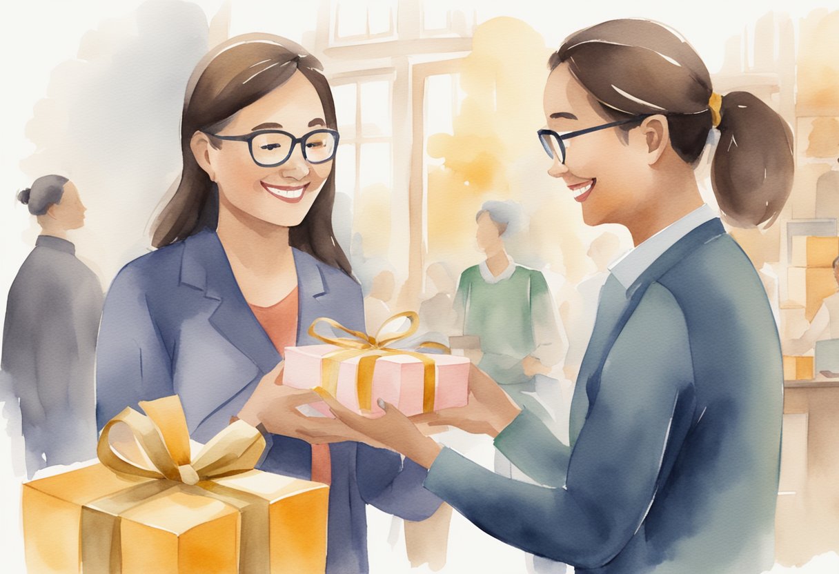 A person handing a gift to a colleague with a smile