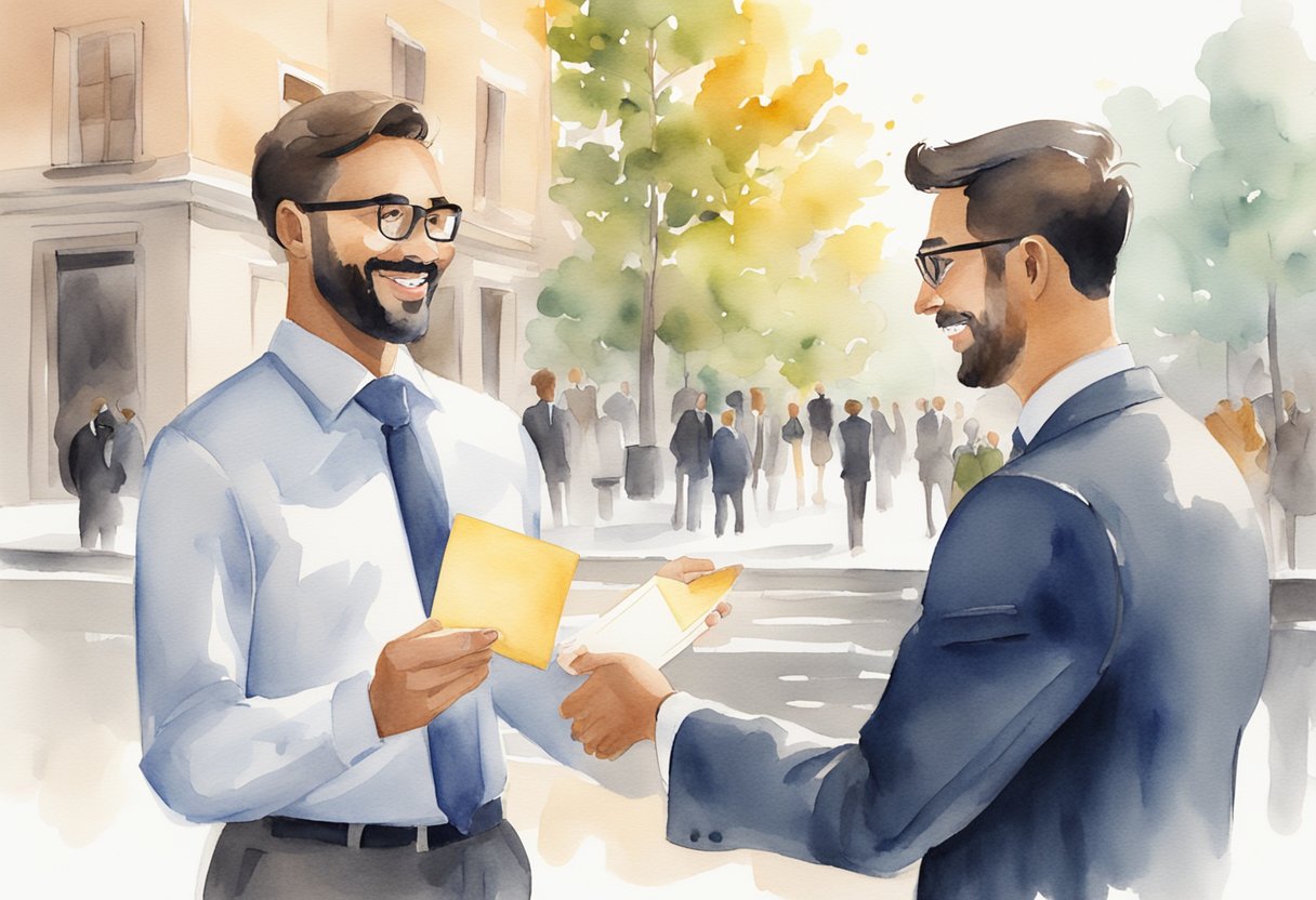 A person in professional attire handing a thank-you card to a colleague with a warm smile