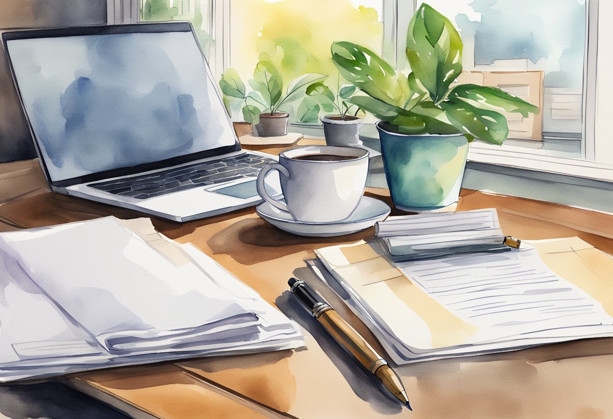 A table with a pen, paper, and a laptop. A stack of documents and a mug of coffee. A potted plant in the background