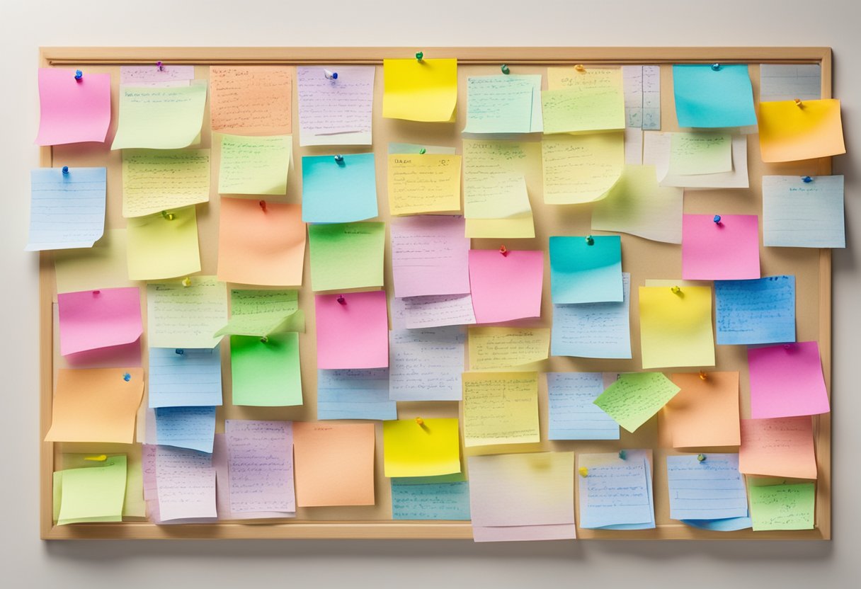 A bulletin board filled with colorful sticky notes and papers, each with different comments and feedback written on them