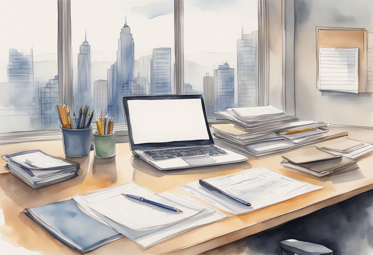 A desk with a laptop, pen, and paper. A calendar with dates circled. A folder labeled "Performance Reviews." A manager's office with a view of the city