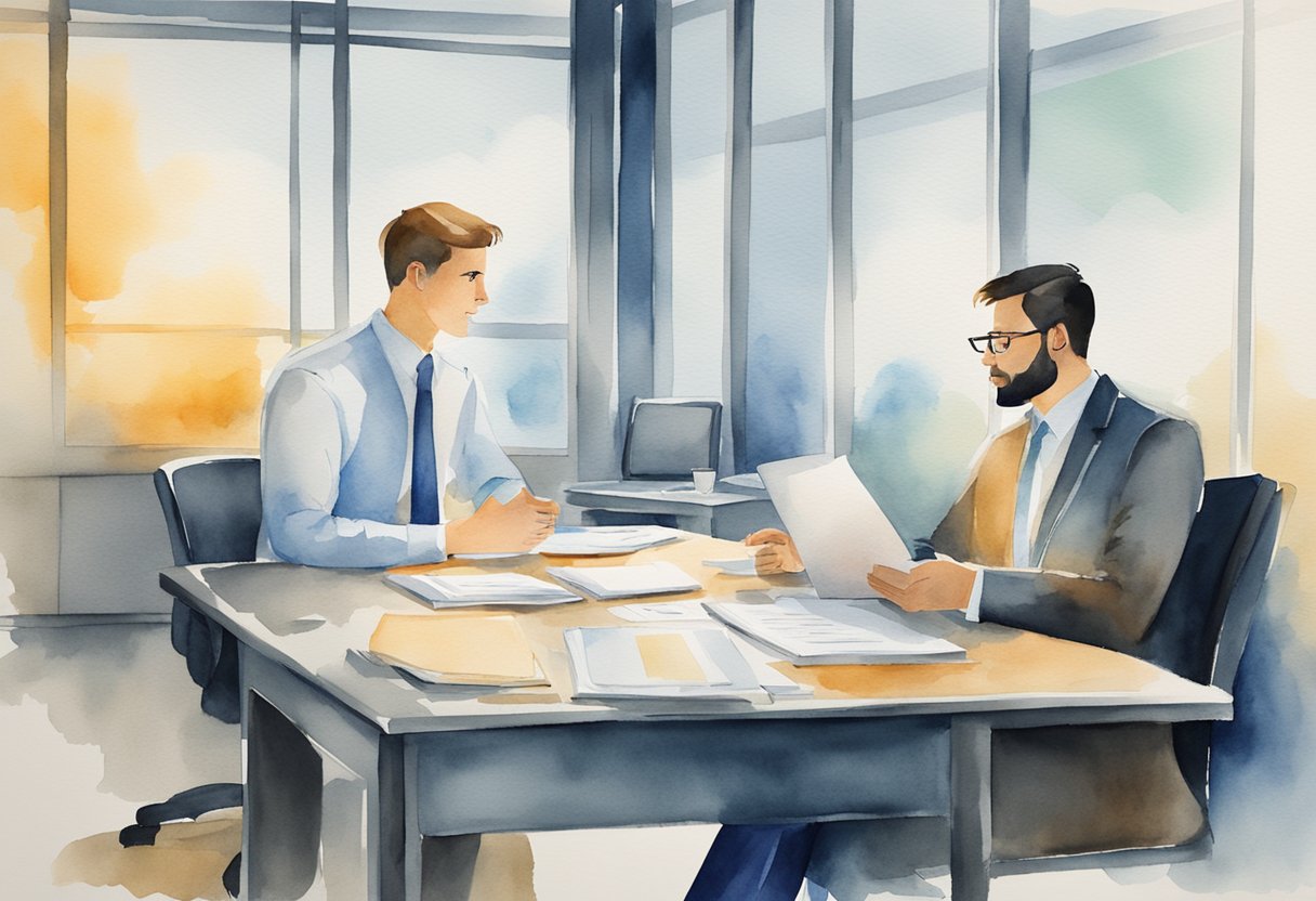 A manager and an employee sitting at a table, discussing work performance. A file cabinet and HR documents in the background