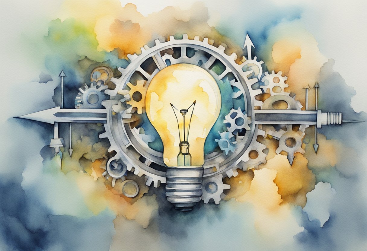 A lightbulb surrounded by gears and arrows, representing innovation and forward-thinking