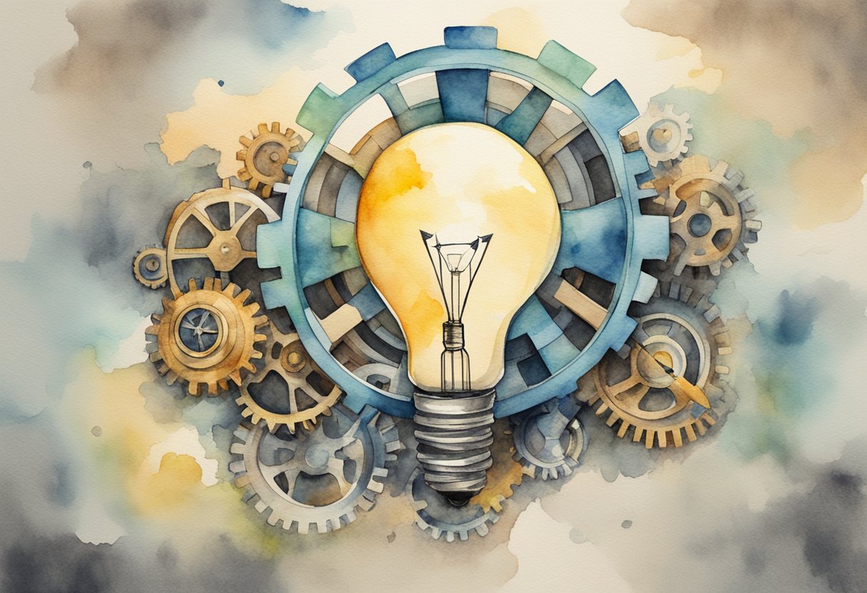 A lightbulb surrounded by gears and arrows, symbolizing innovation and forward-thinking