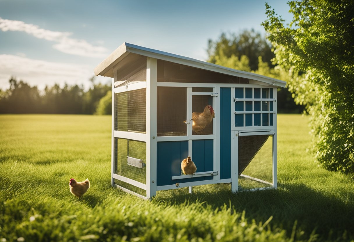 A small chicken coop with attached run, surrounded by green grass and a blue sky