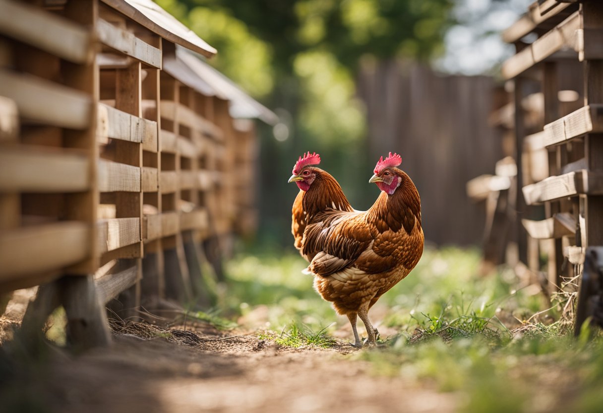 A chicken coop with a spacious run, surrounded by a fence and filled with nesting boxes, perches, and feeding stations