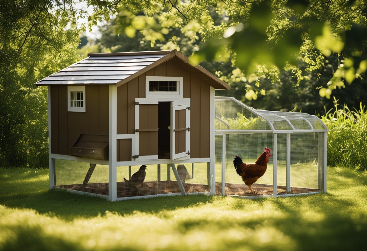 A spacious chicken coop with an attached run, surrounded by lush greenery and a clear blue sky