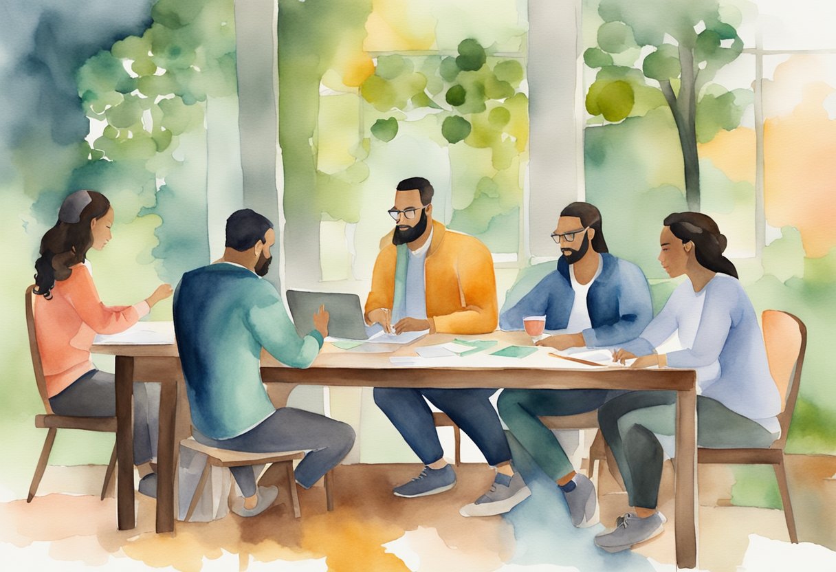 A group of individuals collaborating around a table, brainstorming and exchanging ideas in a creative and dynamic environment