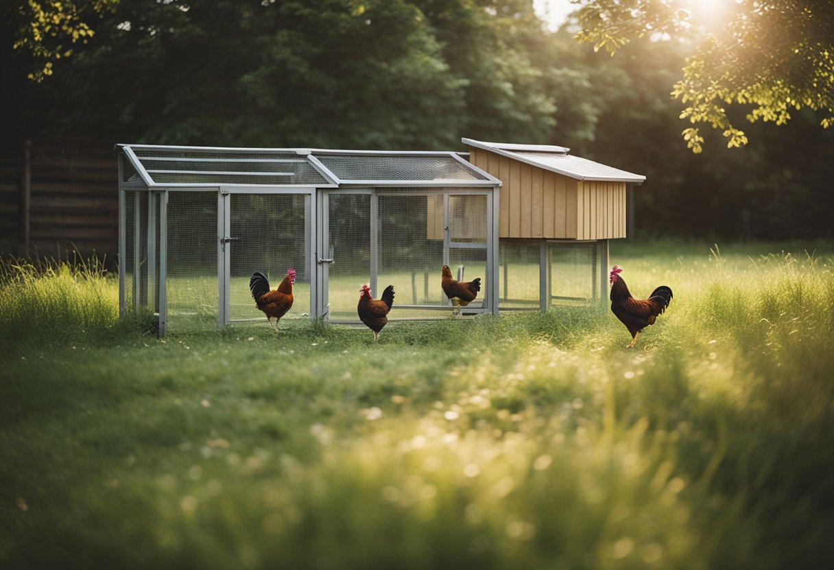 A chicken coop with a run, surrounded by grass and trees