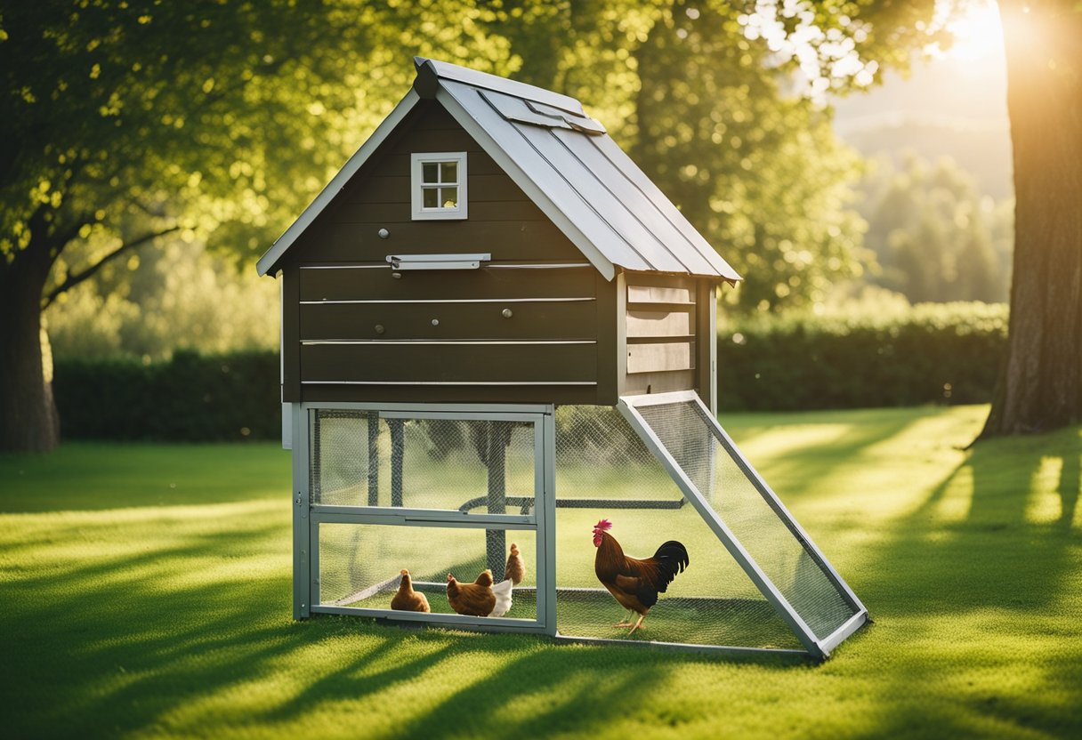 A wooden chicken coop with an attached run, surrounded by green grass and a few trees