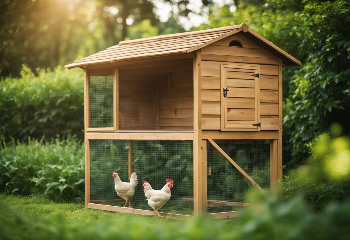 A sturdy wooden chicken coop with a spacious run attached, surrounded by a lush green landscape