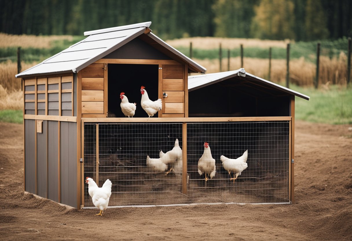 A cozy chicken coop with a spacious run attached, filled with straw, feeders, and waterers