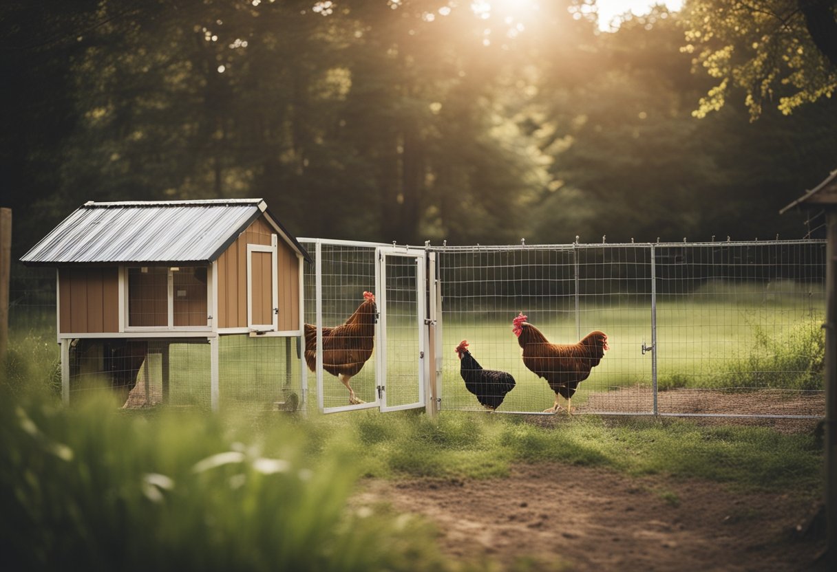 A sturdy chicken coop with a spacious run, surrounded by a tall fence and secured with a lock