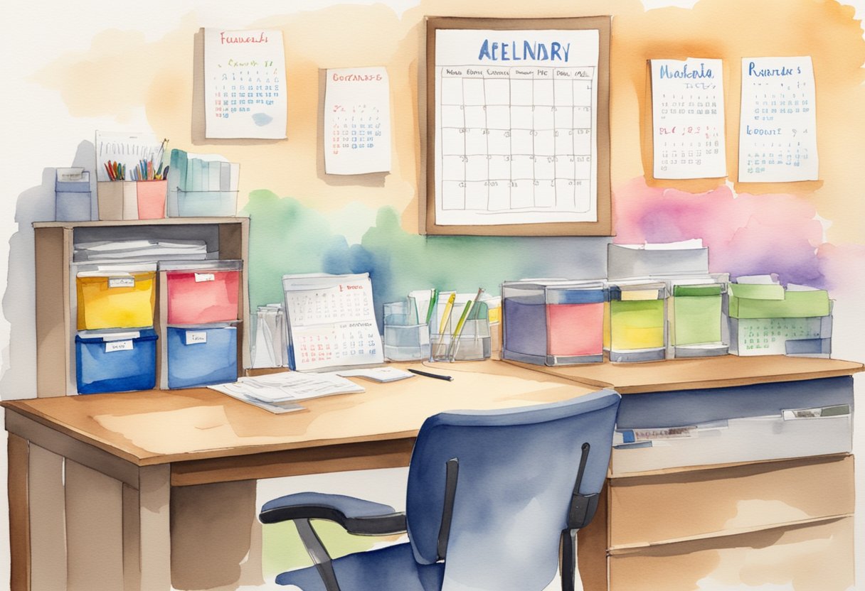 A desk with labeled folders, a calendar, and color-coded bins for supplies