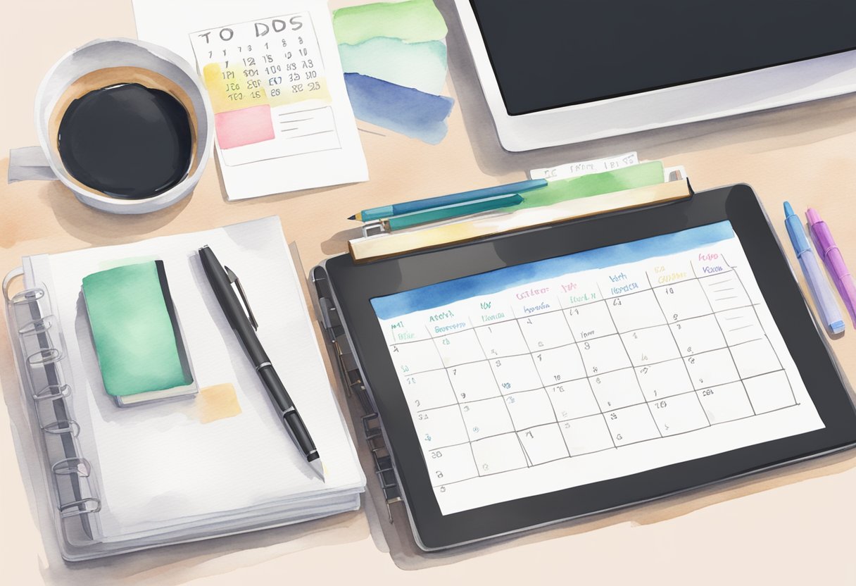 A desk with labeled folders, a calendar, and a to-do list. A digital planner on a computer screen. A neatly arranged workspace with pens and notebooks