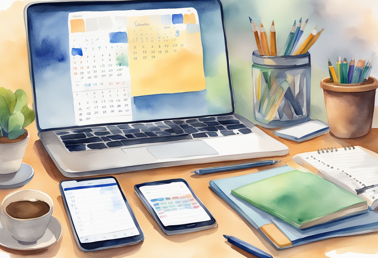 A desk with a laptop, notebook, pen, and smartphone. A calendar and to-do list app are open on the screen