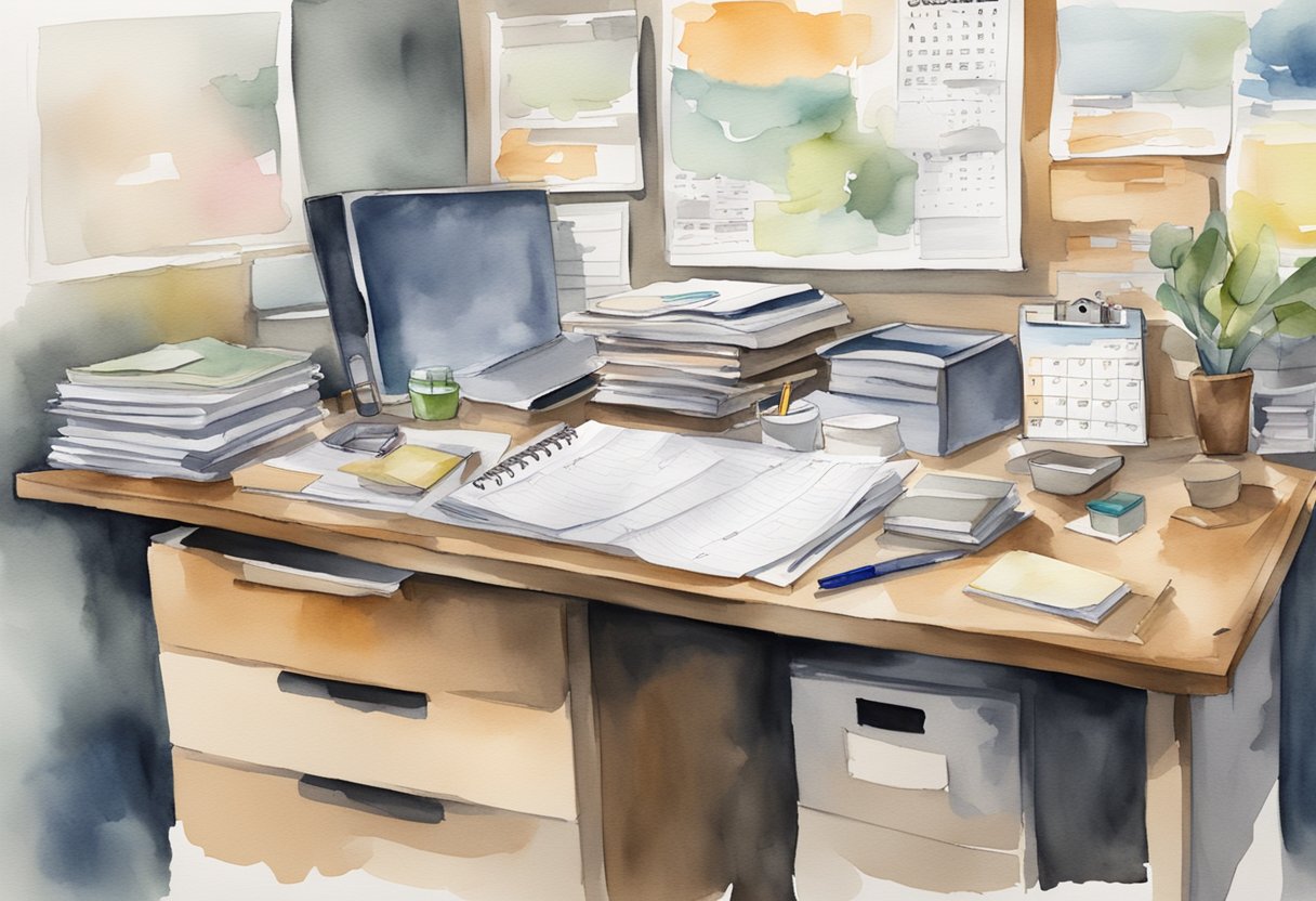 A cluttered desk with scattered papers, pens, and notebooks. A calendar on the wall and a labeled filing cabinet