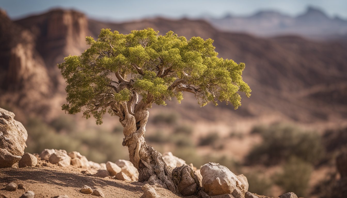 A Boswellia tree stands tall in a dry, rocky landscape, with resin oozing from its bark